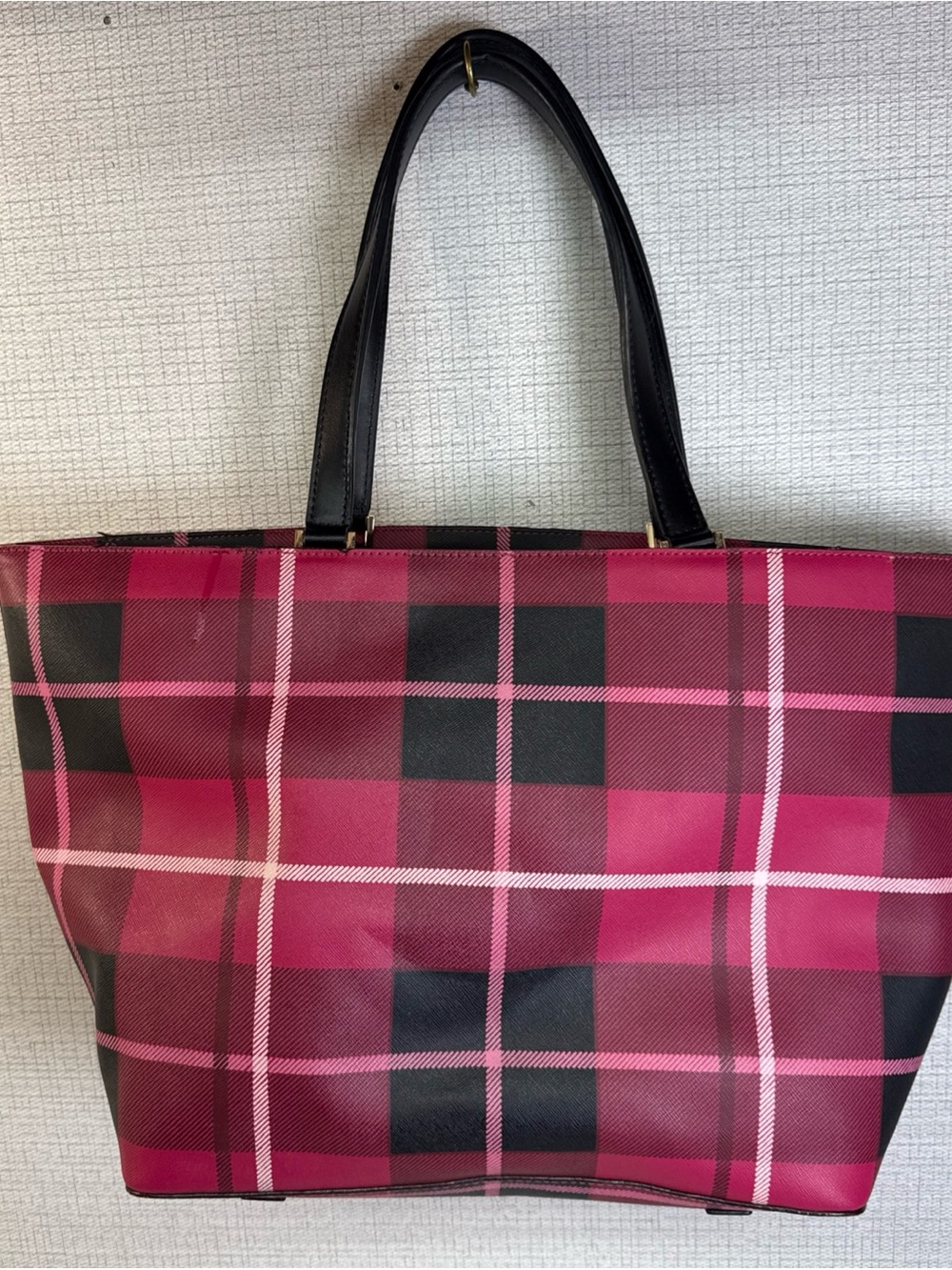 Kate Spade Zippered Tote Bag Large 13” Polyvinyl Leather Trim Pink Plaid Handbag - Picture 9 of 13